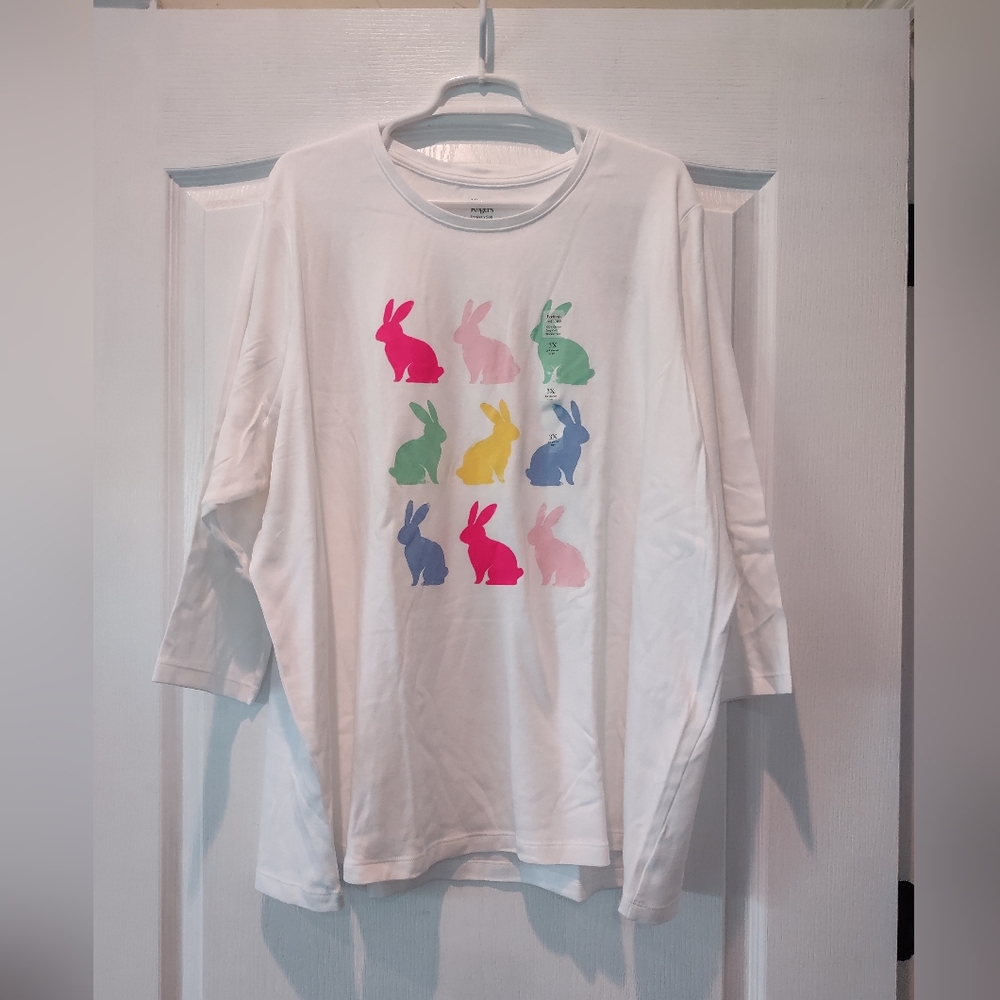 NWT Kim Rogers White 3/4 Sleeve Tee with Colorful Bunny Print 100% Cotton 3X